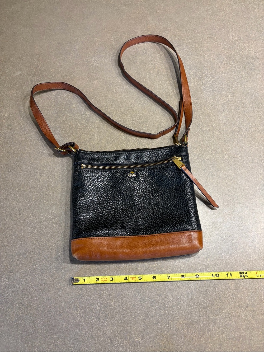 Fossil Crossbody Bag. Two-toned Black And Brown With Long Strap And Zippers
